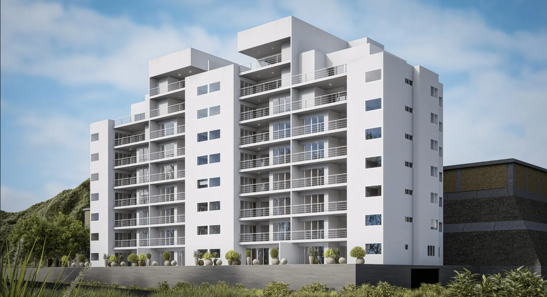 Render arquitectónico de Residencial Fraile, conjunto de departamentos en Jilotzingo, Estado de México.
